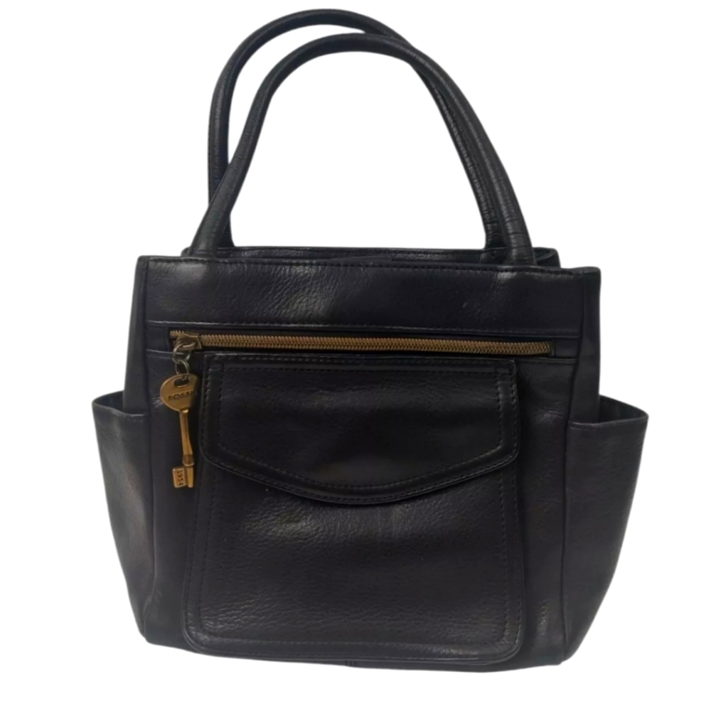 Vintage Fossil Black Leather Satchel Bag W/ Metal Key Purse Charm